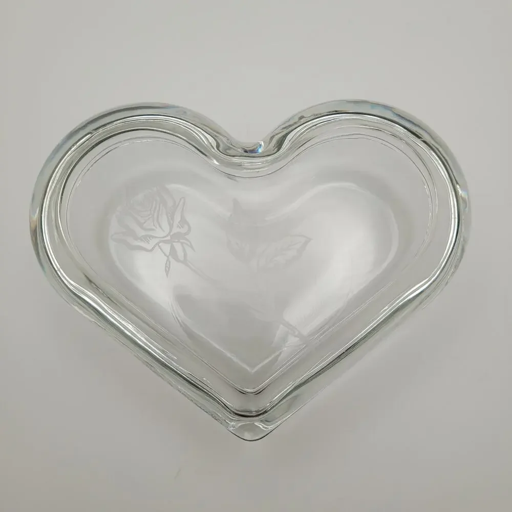 Heart Shaped Clear Glass Trinket Dish with Etched Rose Design, 4 Inches Wide